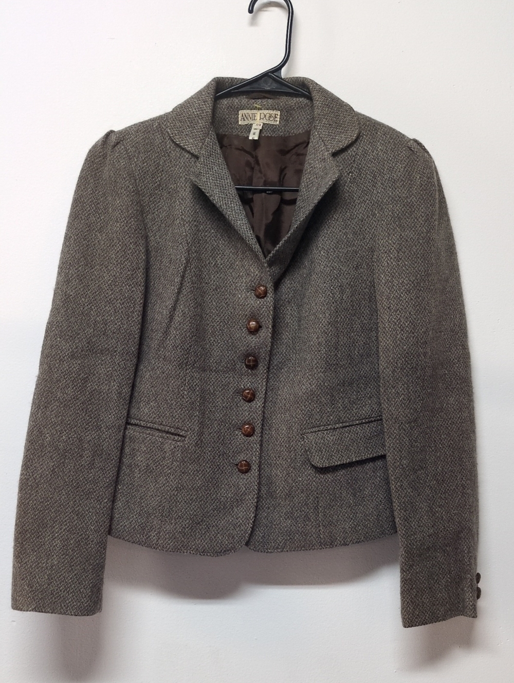 70s 80s Vintage Annie Rose Wool Riding Jacket Blazer Leather Buttons, Size XS